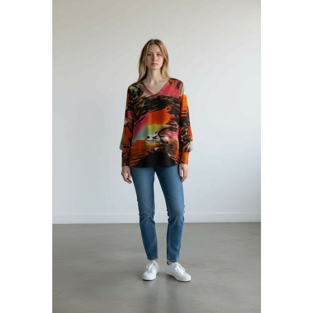 Calessa Womens Size M Mesh Watercolor V-Neck 3/4 Sleeve Tunic Layered Business